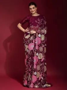 Mitera Ethnic Motifs Beads and Stones Embroidered Embellished Pure Georgette Saree