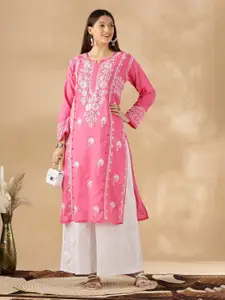 Club Loom Floral Embroidered Thread Work Chikankari Round Neck Cotton Straight Kurta