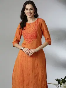 Anouk Women Embroidered Keyhole Neck Thread Work Dobby Straight Kurta