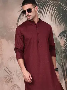 Sangria Textured Pattern Cotton Mandarin Collar Straight Kurta