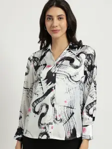 FableStreet Women Classic Fit Abstract Printed Spread Collar Satin Formal Shirt