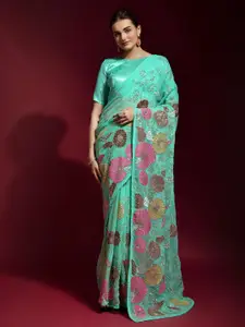 Mitera Ethnic Motifs Embroidered Sequinned Pure Georgette Saree