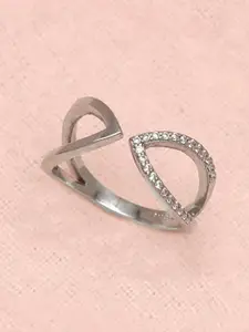 LeCalla Rhodium-Plated Designer Fancy Cz Chevron Adjustable Finger Ring
