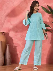 Sangria Schiffli Embroidered Pure Cotton Top & Trousers Co-Ord Set