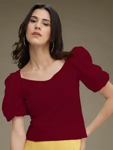 Dream Beauty Fashion top-27-mg-maroon Women V Neck Puff Sleeve Top
