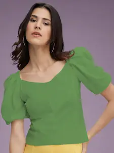 Dream Beauty Fashion Women Solid Sweetheart Neck Puff Sleeves Top