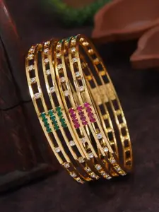 SGA FASHION Set Of 4 Gold-Plated American Diamond Stones Studded Bangles
