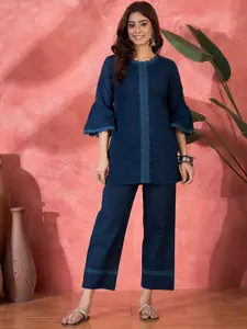 Sangria Schiffli Embroidered Pure Cotton Top & Trouser Co-Ord Set