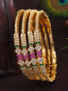 SGA FASHION Set Of 4 Gold-Plated American Diamond Stones Studded Bangles