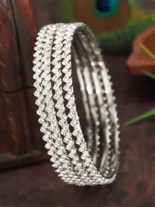 SGA FASHION Set Of 4 Silver-Plated American Diamond Stones Studded Bangles
