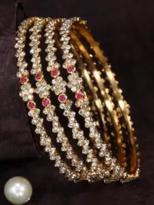 SGA FASHION Set Of 4 Gold-Plated American Diamond Stones Studded Bangles