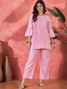 Sangria Schiffli Embroidered Pure Cotton Top & Trouser Co-Ord Set