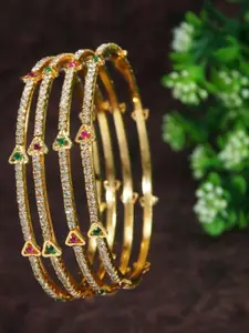 SGA FASHION Set Of 4 Gold-Plated American Diamond Stones Studded Bangles