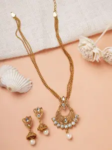 ANIKAS CREATION Gold Plated Kundan Studded & Beaded Chained Pendant Jewellery Set