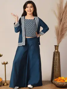 FASHION DREAM Girls Embroidered Crop Top Shrug With Palazzos Clothing Set