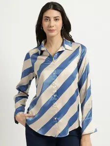 FableStreet Women Classic Fit Vertical Striped Spread Collar Satin Formal Shirt