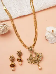 ANIKAS CREATION Gold Plated Kundan Studded & Beaded Chained Pendant Jewellery Set