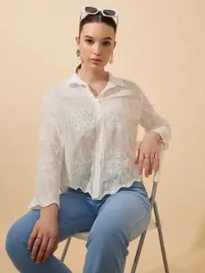 SHOWOFF Women Comfort Fit Floral Solid Spread Collar Cotton Casual Shirt