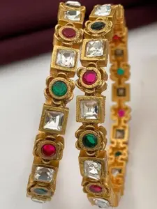 Anouk Gold Plated & Multicolour Kundan Studded Floral Shaped Set of 2 Bangles