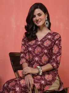 Anouk Rustic Floral Printed V-Neck Chanderi Silk Kurta