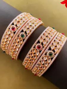Anouk Set of 4 Gold Plated & Multicolour Kundan Stone Studded Floral Shaped Bangles