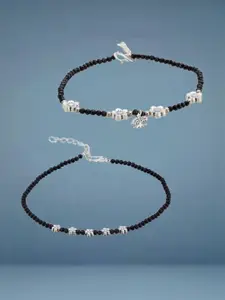 Anouk Set Of 2  Silver-Plated Artificial Stones Studded And Beaded Anklet