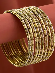 Anouk Set of 8 Gold Plated & Stone Studded-Textured Bangles
