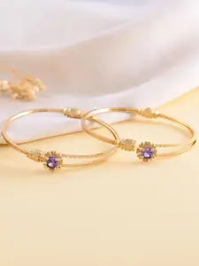 VOJ Set Of 2 Stainless Steel Gold-Plated Artificial Stones Studded Cuff Bracelets