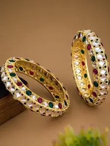 Anouk Set of 2 Gold Plated & Multicoloured Polki Kundan Stone Studded Textured Bangles