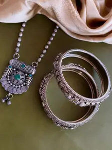 Anouk Sangria Set of 3 German Silver Plated & Green Stone Studded floral shaped Bangle & Necklace