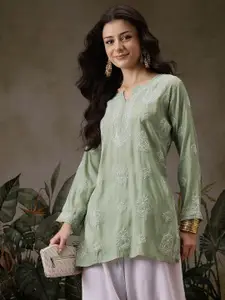 ADA Women Ethnic Motifs Embroidered Chikankari Chanderi Silk Chikankari Kurti