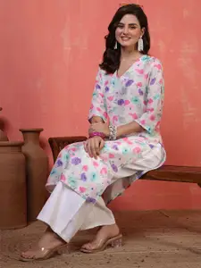 Anouk Rustic Floral Printed V-Neck Chanderi Silk Kurta