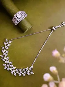 Anouk Set of 2 White Cubic Zirconia Stone Studded & Floral Shaped Bracelet & Ring