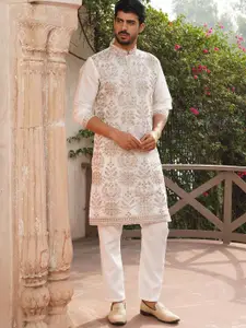 Jompers Floral Embroidered Thread Work Mandarin Collar Kurta With Pyjamas