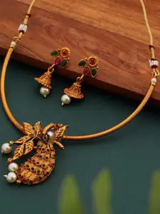 Anouk Gold Plated & Peacock Shaped Multicoloured stone studded Pendant Jewellery set