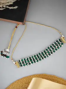 Anouk Gold Plated & Green Stone Studded & Layered Choker Necklace