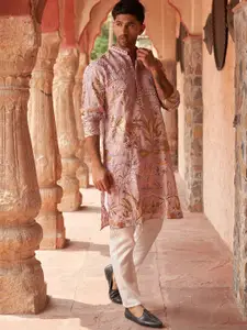 Jompers Floral Embroidered Thread Work Mandarin Collar Kurta With Pyjamas