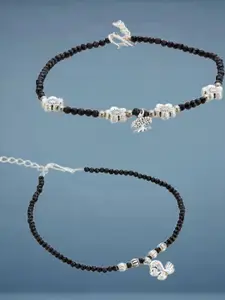 Anouk Silver-Plated Artificial Stones Studded And Beaded Anklet Set Of 2