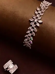 Anouk Set of 2 White Cubic Zirconia Stone Studded Floral Shaped Bracelet and Ring