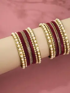 Anouk Set of 22 Gold Plated & Maroon-White Stone Studded-Textured Bangles
