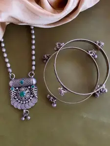 Anouk Sangria Set of 3 German Silver Plated & Green Stone Studded floral shaped Bangle & Necklace