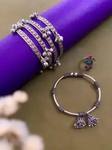 Anouk Sangria Set of 3 German Silver Plated & Multicolour Stone Studded Bangles & ring