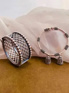Anouk Sangria Set of 2 German Silver Plated & Floral Shaped Kada Bangle set with Jhumki Drop