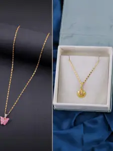 DressBerry Set of 2 Pink Gold Plated Artificial Beads Beaded Butterfly Pendant Chain