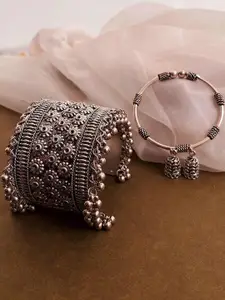 Anouk Sangria German Silver Plated & Floral Textured jhumki drop set of 2 bangles