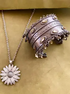 Anouk Sangria Set of 2 German Silver Plated & Floral Shaped Kundan Stone Studded Necklace & Bangle