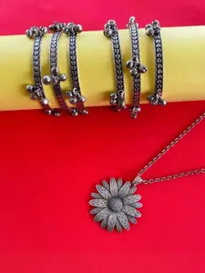 Anouk Sangria Set of 7 German Silver Plated & Gunghroo Stone Studded Bangles & Necklace