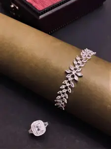 Anouk Set of 2 White Cubic Zirconia Stone Studded Floral Shaped Bracelet and Ring