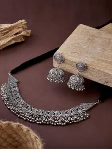 Anouk Sangria Oxidised Silver-Plated German Silver Textured Necklace set with Beads Drop