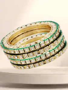 Anouk Set Of 4 Gold Plated &-Green- White kundan stone- studded round-square shaped bangles